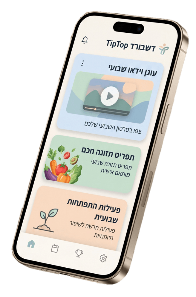 מסך הסרטון השבועי והתפריט באפליקציית טיפטופ